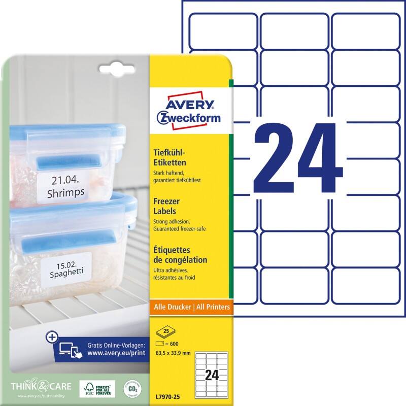 Étiquettes de congélation Avery L7970-25 Adhésif A4 Blanc 63.5 x 33.9 mm 25 Feuilles de 24 Étiquettes