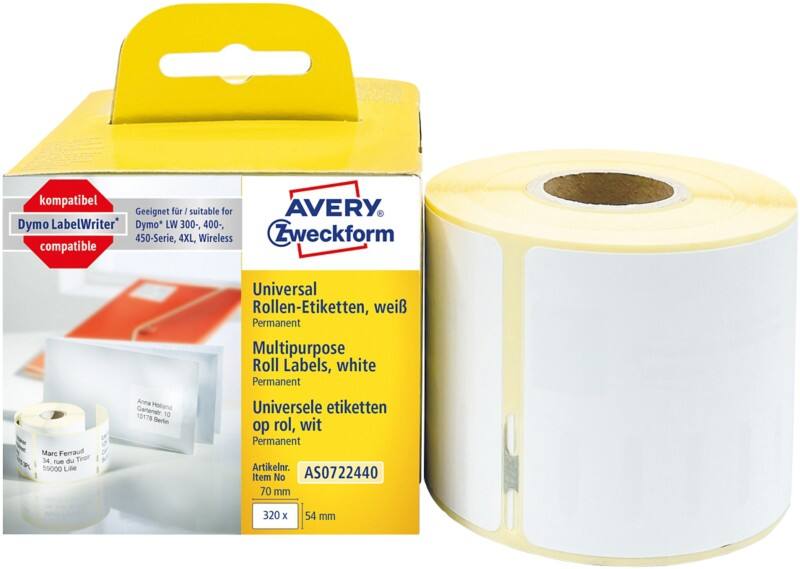 Étiquettes multifonctions et pour disquettes Avery LW S0722440 / 99015 Dymo Compatibles Autocollantes Blanc 54 x 70 mm