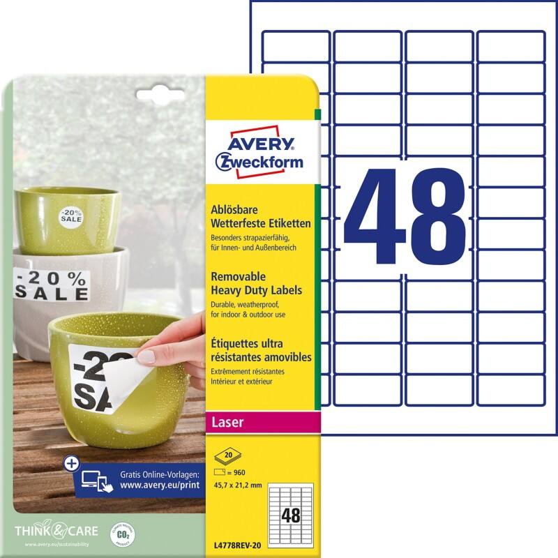 Étiquettes ultra résistantes Avery L4778REV-20 Blanc A4 45,7 x 21,2 mm 20 Feuilles de 48 Étiquettes