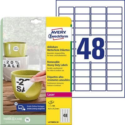 Étiquettes ultra résistantes AVERY Zweckform L4778REV-20 Blanc A4 45,7 x 21,2 mm 20 Feuilles de 48 Étiquettes