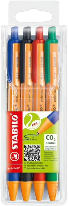 Stylo-bille STABILO Pointball Rétractable Assortiment 0,5 mm Moyenne Bille Rechargeable Recyclé 79% 4 Unités