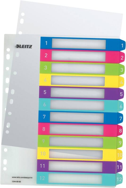 Intercalaires imprimables Leitz WOW 1244 A4 Maxi multicolore 12 onglets 11 trous polypropylène 1 à 12