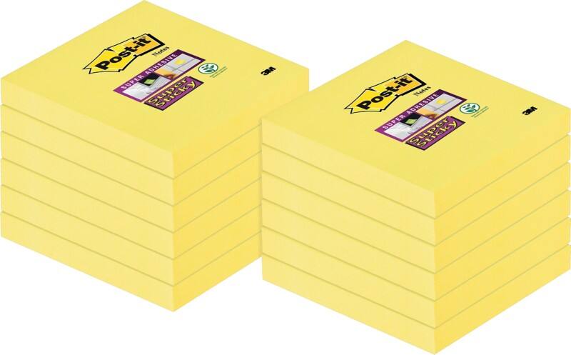Notes Super Sticky Post-it 76 x 76 mm Jaune canari 90 Feuilles Pack économique 12 blocs + 12 GRATUITS