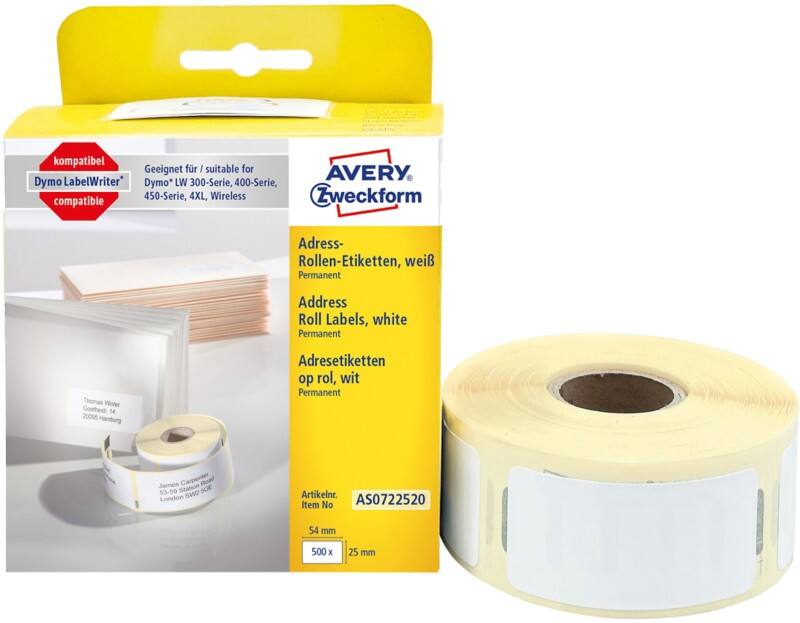 Étiquette d'adresse Avery LW S0722520 / 11352 Dymo Compatibles Autocollantes Blanc 25 x 54 mm