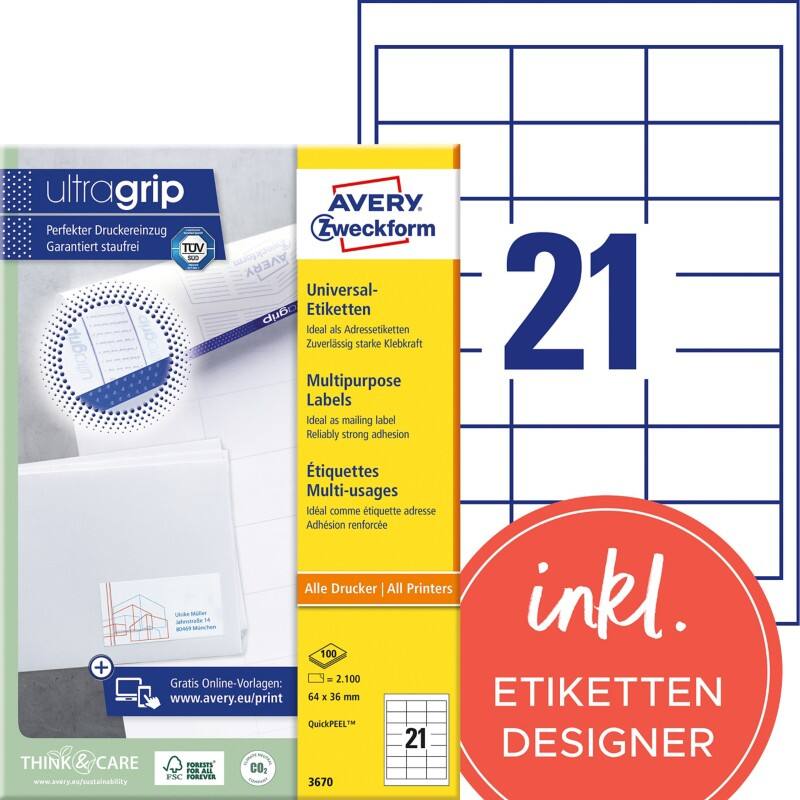 Étiquettes universelles Ultragrip Laser Avery 3670 Adhésif A4 Blanc 64 x 36 mm 100 Feuilles de 21 Étiquettes