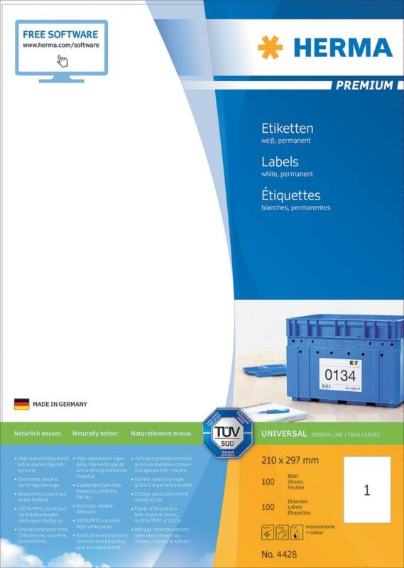 Étiquettes multifonctions HERMA Laser Premium Adhésif A4 Blanc 210 x 297 mm 100 Feuilles de 1 Étiquettes