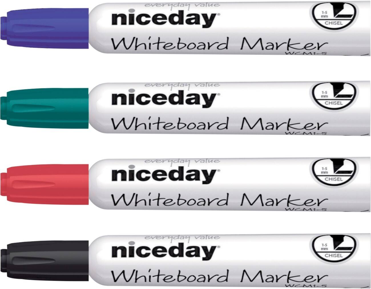 Marqueur pour tableau blanc Niceday WCM1-5 Large Pointe Biseautée Noir, Bleu, Rouge, Vert 4 Unités