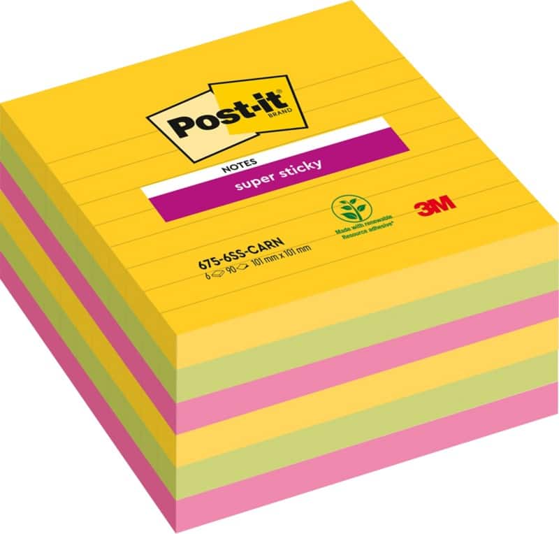Notes Super Sticky Post-it 101 x101mm Assortiment Carré Ligné 6 Blocs de 90 Feuilles