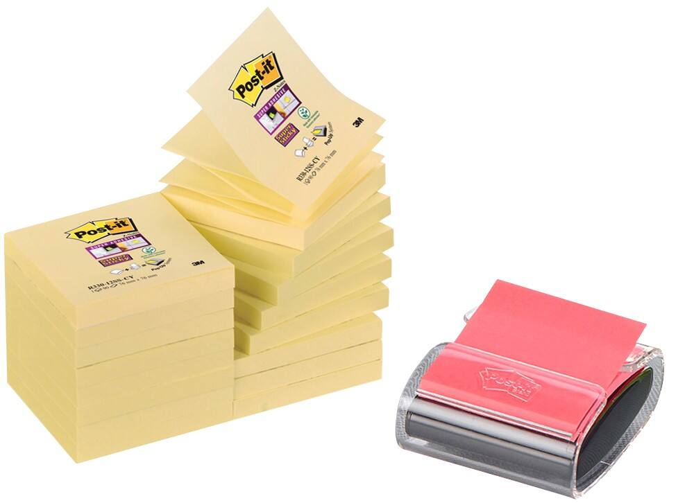 Notes adhésives Post-it Super Sticky 76 x 76 mm Jaune canari 16 Blocs de 90 Feuilles Pack avantages + Dévidoir GRATUIT