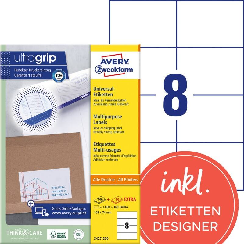 Étiquettes universelles Ultragrip Laser Avery 3427-200 Adhésif A4 Blanc 105 x 74 mm 220 Feuilles de 8 Étiquettes