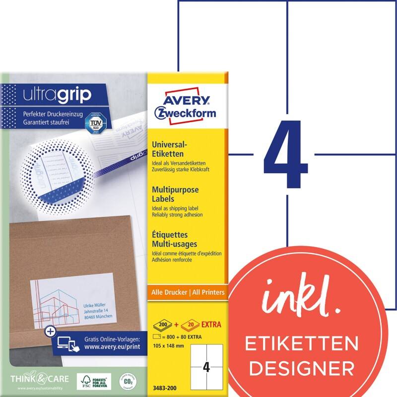 Étiquettes universelles Ultragrip Avery 3483-200 Adhésif A4 Blanc 105 x 148 mm 220 Feuilles de 4 Étiquettes
