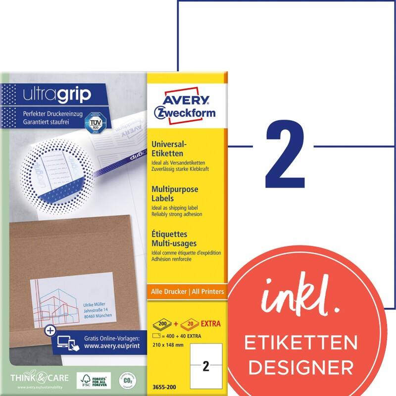 Étiquettes universelles Ultragrip Avery 3655-200 Adhésif A4 Blanc 210 x 148 mm 220 Feuilles de 2 Étiquettes