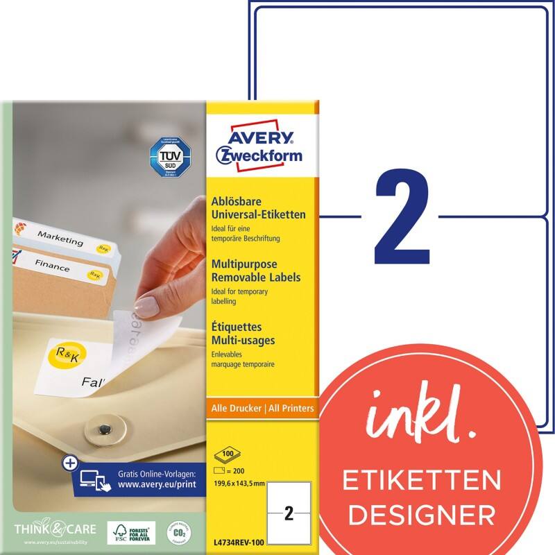 Étiquettes repositionnables Avery L4734REV-100 Stick & Lift Blanc A4 199,6 x 143,5 mm 100 Feuilles de 2 Étiquettes