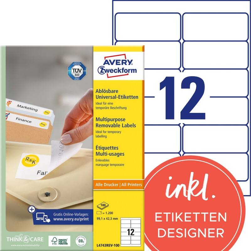 Étiquettes repositionnables Avery L4743REV-100 Blanc A4 99,1 x 42,3 mm 100 Feuilles de 12 Étiquettes