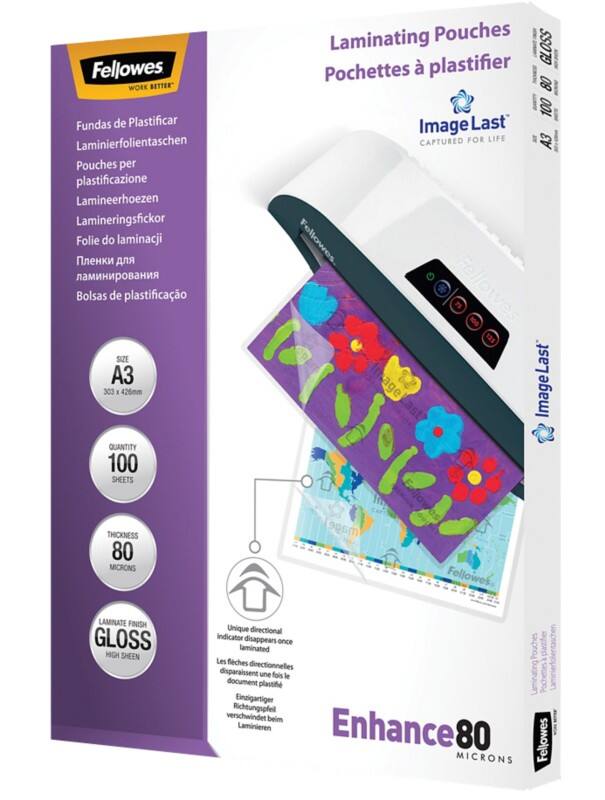Pochette de plastification ImageLast Enhance Fellowes A3 Brillant 80 microns (2 x 80) Transparent 100 Unités