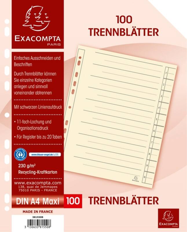 Feuilles de séparation 1 à 10 Exacompta 95% Recyclé A4 Chamois 10 intercalaires Carton 11 Perforations 381550B 100 Unités