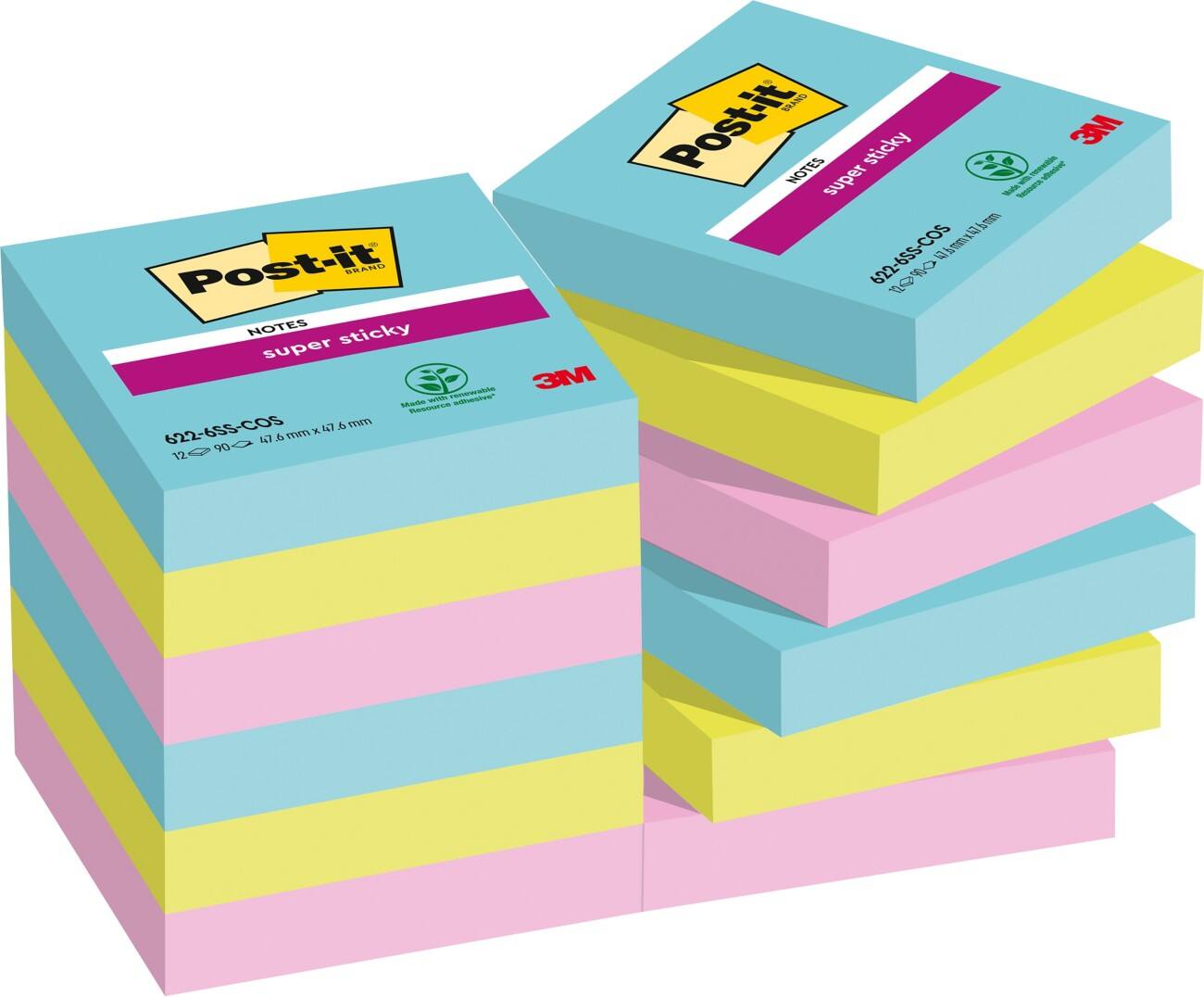Notes Post-it Super Sticky 47,6 x 47,6 mm Couleurs Miami 12 Blocs de 90 Feuilles
