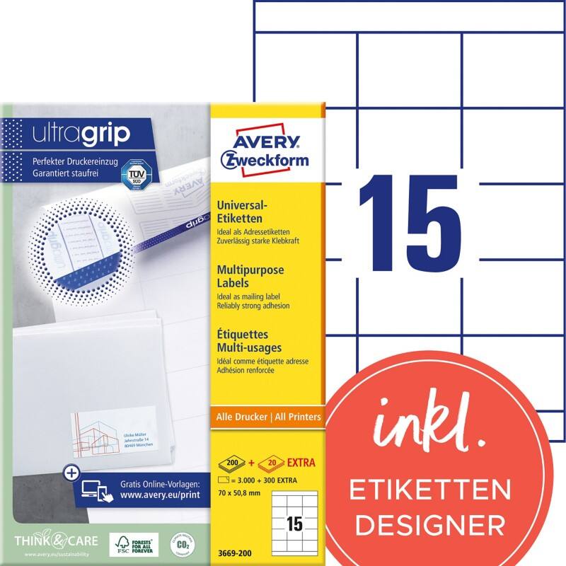 Étiquettes multifonctions Ultragrip Laser Avery 3669-200 Adhésif A4 Blanc 70 x 50.8 mm 220 Feuilles de 15 Étiquettes
