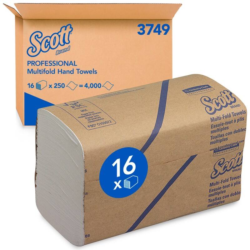 Essuie-mains Scott PROFESSIONAL Pliage en M Blanc 1 épaisseur 3749 16 Unités de 250 Feuilles
